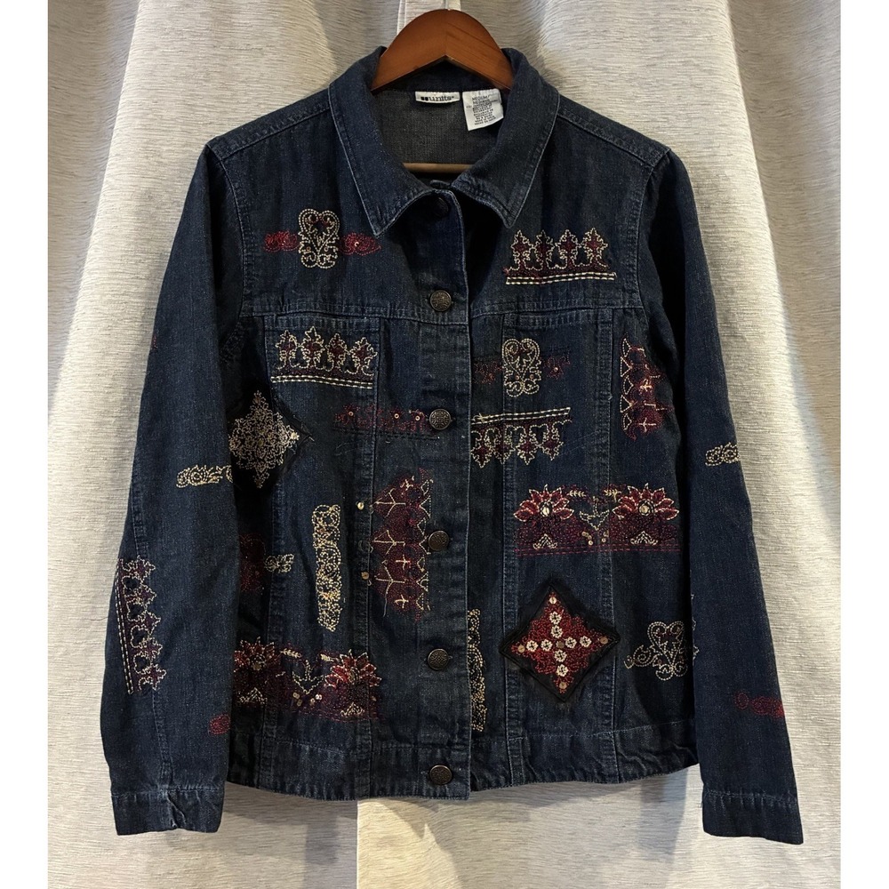 UNITS Denim Blue Jean JACKET Embroidered Sequins Beaded Collared Size Medium